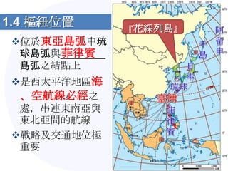 1.4 樞紐位置        『花綵列島』
位於東亞島弧中琉
     菲律賓
 球島弧與________
 島弧之結點上
是西太平洋地區海
 、空航線必經之
 處，串連東南亞與
 東北亞間的航線
戰略及交通地位極
 重要
 