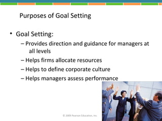 Purposes of Goal Setting

• Goal Setting:
   – Provides direction and guidance for managers at
      all levels
   – Helps firms allocate resources
   – Helps to define corporate culture
   – Helps managers assess performance




                  © 2009 Pearson Education, Inc.
 