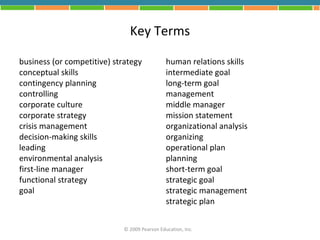 Key Terms

business (or competitive) strategy             human relations skills
conceptual skills                              intermediate goal
contingency planning                           long-term goal
controlling                                    management
corporate culture                              middle manager
corporate strategy                             mission statement
crisis management                              organizational analysis
decision-making skills                         organizing
leading                                        operational plan
environmental analysis                         planning
first-line manager                             short-term goal
functional strategy                            strategic goal
goal                                           strategic management
                                               strategic plan


                             © 2009 Pearson Education, Inc.
 