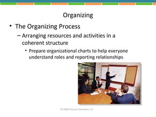 Organizing
• The Organizing Process
  – Arranging resources and activities in a
    coherent structure
     • Prepare organizational charts to help everyone
       understand roles and reporting relationships




                     © 2009 Pearson Education, Inc.
 