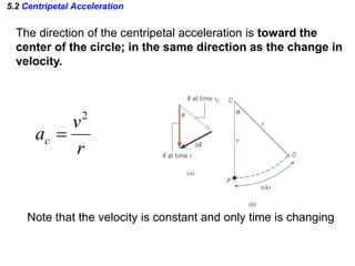 5.2 Centripetal Acceleration
The direction of the centripetal acceleration is toward the
center of the circle; in the same direction as the change in
velocity.
r
v
ac
2

Note that the velocity is constant and only time is changing
 