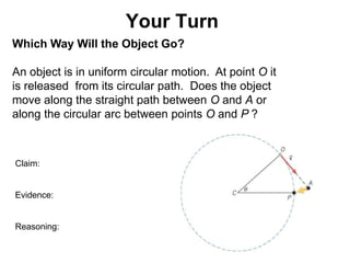 Your Turn
Which Way Will the Object Go?
An object is in uniform circular motion. At point O it
is released from its circular path. Does the object
move along the straight path between O and A or
along the circular arc between points O and P ?
Claim:
Evidence:
Reasoning:
 