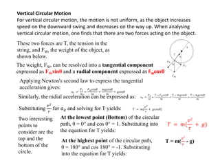 Vertical Circular Motion
For vertical circular motion, the motion is not uniform, as the object increases
speed on the downward swing and decreases on the way up. When analysing
vertical circular motion, one finds that there are two forces acting on the object.
These two forces are T, the tension in the
string, and FW, the weight of the object, as
shown below.
The weight, FW, can be resolved into a tangential component
expressed as FWsinθ and a radial component expressed as FWcosθ
𝑎 𝑇 =
𝐹 𝑇
𝑚
=
𝐹 𝑊 𝑠𝑖𝑛𝜃
𝑚
=
𝑚𝑔𝑠𝑖𝑛𝜃
𝑚
= 𝑔𝑠𝑖𝑛𝜃
𝑎 𝑅 =
𝐹 𝑅
𝑚
=
𝑇 − 𝐹 𝑊 𝑐𝑜𝑠𝜃
𝑚
=
𝑇 − 𝑚𝑔𝑐𝑜𝑠𝜃
𝑚
=
𝑇 − 𝑚𝑔𝑐𝑜𝑠𝜃
𝑚
Applying Newton's second law to express the tangential
acceleration gives:
Similarly, the radial acceleration can be expressed as:
Substituting
𝑣2
𝑟
for 𝑎 𝑅 and solving for T yields: 𝑇 = 𝑚(
𝑣2
𝑟
+ 𝑔𝑐𝑜𝑠𝜃)
Two interesting
points to
consider are the
top and the
bottom of the
circle.
At the lowest point (Bottom) of the circular
path, θ = 0° and cos 0° = 1. Substituting into
the equation for T yields:
𝑇 = 𝑚(
𝑣2
𝑟
+ 𝑔)
At the highest point of the circular path,
θ = 180° and cos 180° = -1. Substituting
into the equation for T yields:
T = m(
𝑣2
𝑟
- g)
 