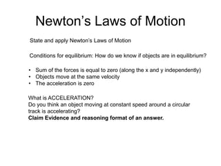 Newton’s Laws of Motion
State and apply Newton’s Laws of Motion
Conditions for equilibrium: How do we know if objects are in equilibrium?
• Sum of the forces is equal to zero (along the x and y independently)
• Objects move at the same velocity
• The acceleration is zero
What is ACCELERATION?
Do you think an object moving at constant speed around a circular
track is accelerating?
Claim Evidence and reasoning format of an answer.
 