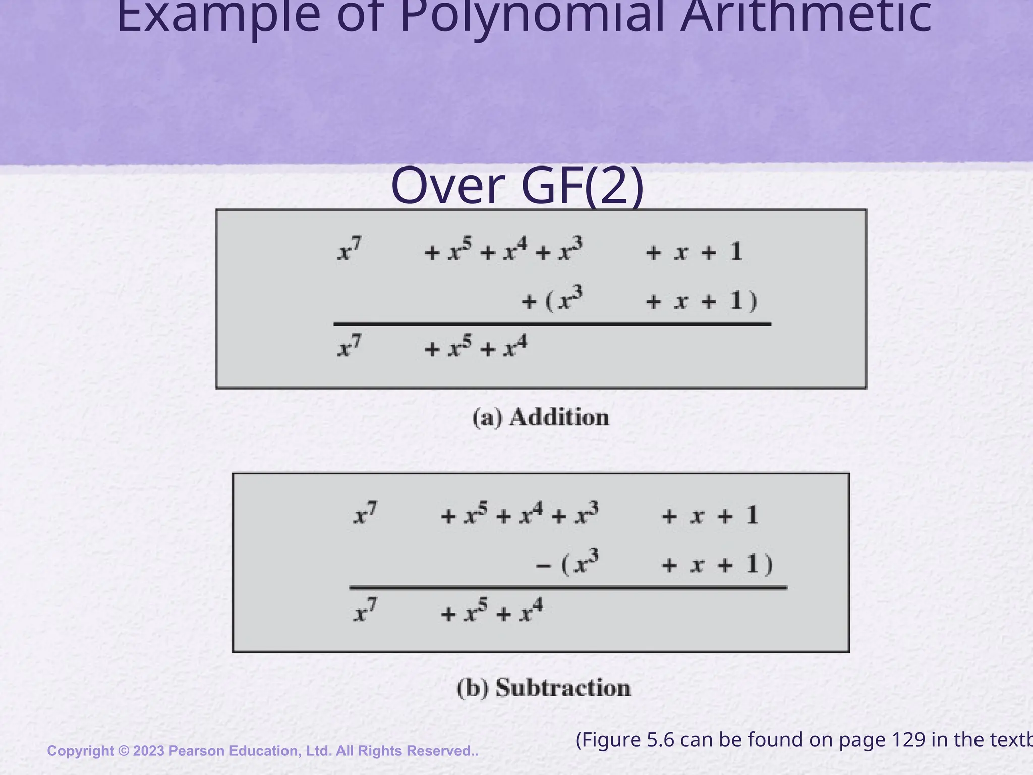 Example of Polynomial Arithmetic
Over GF(2)
Copyright © 2023 Pearson Education, Ltd. All Rights Reserved..
(Figure 5.6 can be found on page 129 in the textb
 