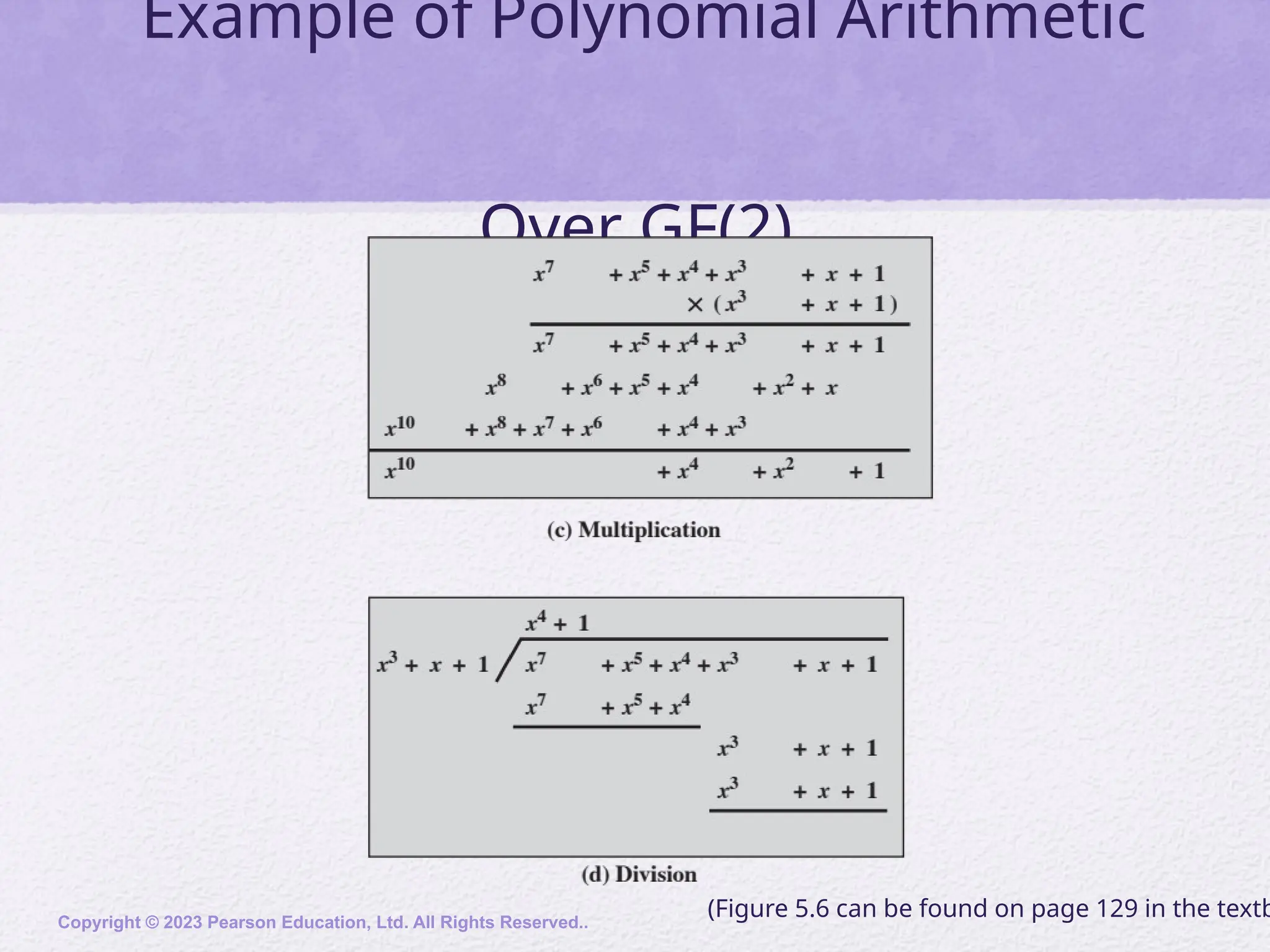 Example of Polynomial Arithmetic
Over GF(2)
Copyright © 2023 Pearson Education, Ltd. All Rights Reserved..
(Figure 5.6 can be found on page 129 in the textb
 