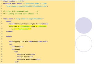 external.html
(1 of 2)
1 <?xml version = "1.0"?>
2 <!DOCTYPE html PUBLIC "-//W3C//DTD XHTML 1.1//EN"
3 "http://www.w3.org/TR/xhtml11/DTD/xhtml11.dtd">
4
5 <!-- Fig. 6.5: external.html -->
6 <!-- Linking external style sheets -->
7
8 <html xmlns = "http://www.w3.org/1999/xhtml">
9 <head>
10 <title>Linking External Style Sheets</title>
11 <link rel = "stylesheet" type = "text/css"
12 href = "styles.css" />
13 </head>
14
15 <body>
16
17 <h1>Shopping list for <em>Monday</em>:</h1>
18 <ul>
19 <li>Milk</li>
20 <li>Bread
21 <ul>
22 <li>White bread</li>
23 <li>Rye bread</li>
24 <li>Whole wheat bread</li>
25 </ul>
 