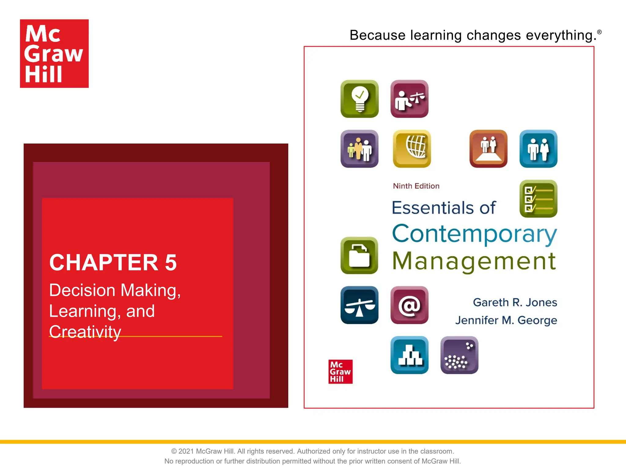 Because learning changes everything.®
CHAPTER 5
Decision Making,
Learning, and
Creativity
© 2021 McGraw Hill. All rights reserved. Authorized only for instructor use in the classroom.
No reproduction or further distribution permitted without the prior written consent of McGraw Hill.
 