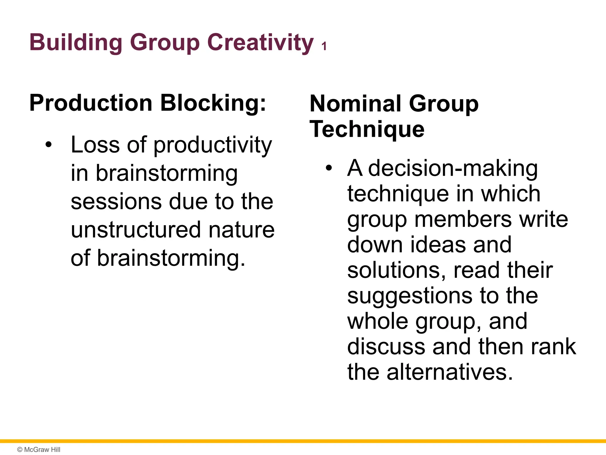 © McGraw Hill
Building Group Creativity 1
Production Blocking:
• Loss of productivity
in brainstorming
sessions due to the
unstructured nature
of brainstorming.
Nominal Group
Technique
• A decision-making
technique in which
group members write
down ideas and
solutions, read their
suggestions to the
whole group, and
discuss and then rank
the alternatives.
 