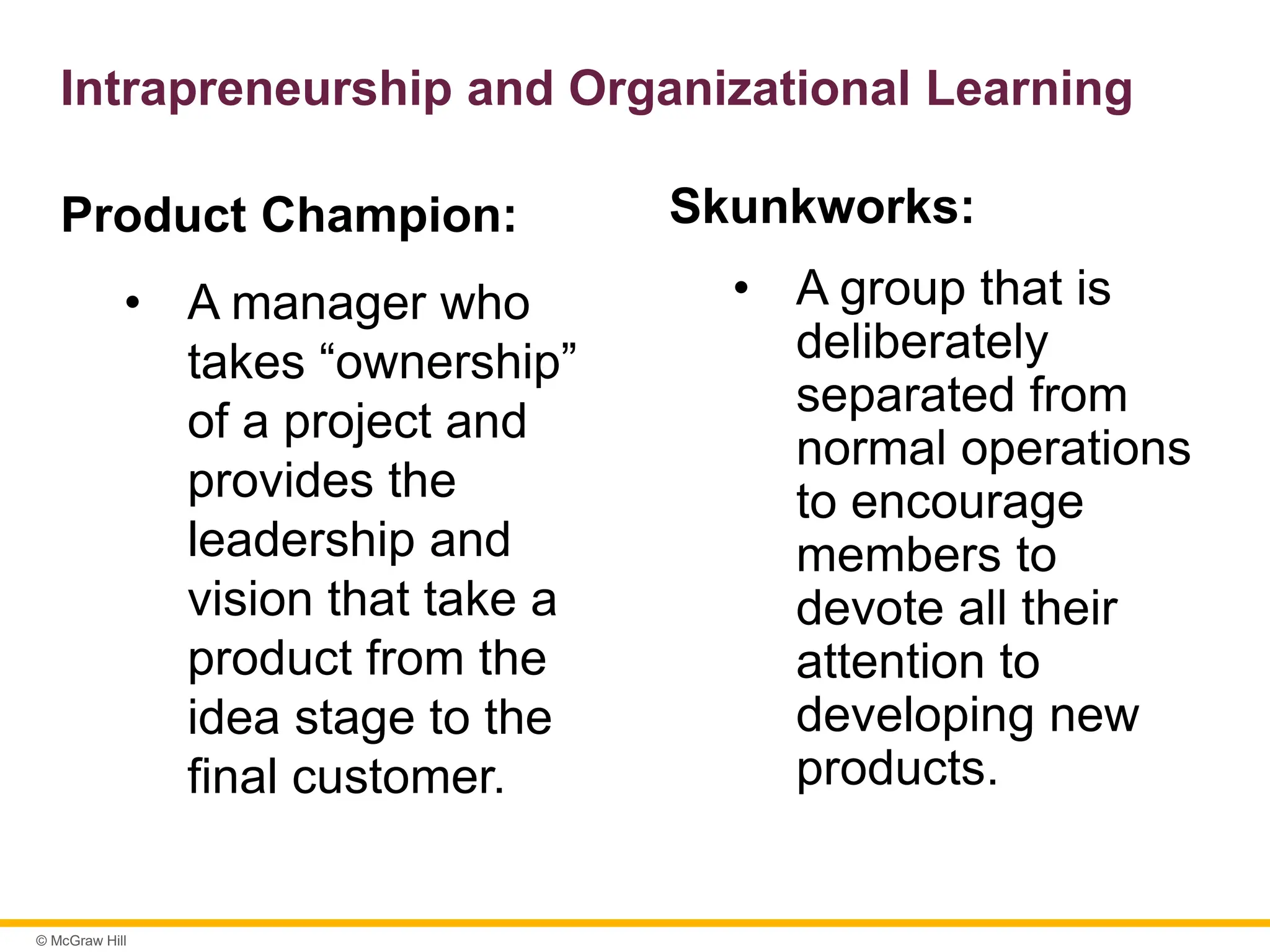 © McGraw Hill
Intrapreneurship and Organizational Learning
Product Champion:
• A manager who
takes “ownership”
of a project and
provides the
leadership and
vision that take a
product from the
idea stage to the
final customer.
Skunkworks:
• A group that is
deliberately
separated from
normal operations
to encourage
members to
devote all their
attention to
developing new
products.
 