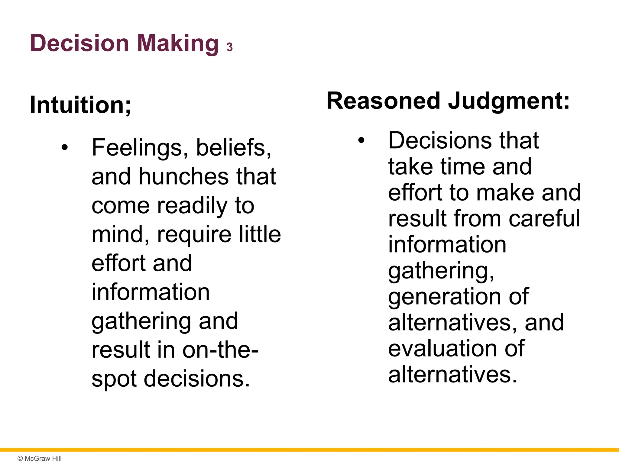 © McGraw Hill
Decision Making 3
Intuition;
• Feelings, beliefs,
and hunches that
come readily to
mind, require little
effort and
information
gathering and
result in on-the-
spot decisions.
Reasoned Judgment:
• Decisions that
take time and
effort to make and
result from careful
information
gathering,
generation of
alternatives, and
evaluation of
alternatives.
 
