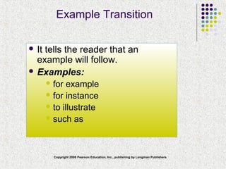 Copyright 2008 Pearson Education, Inc., publishing by Longman Publishers
Example Transition
 It tells the reader that an
example will follow.
 Examples:
 for example
 for instance
 to illustrate
 such as
 