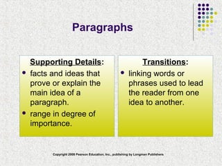 Copyright 2008 Pearson Education, Inc., publishing by Longman Publishers
Paragraphs
Supporting Details:
 facts and ideas that
prove or explain the
main idea of a
paragraph.
 range in degree of
importance.
Transitions:
 linking words or
phrases used to lead
the reader from one
idea to another.
 