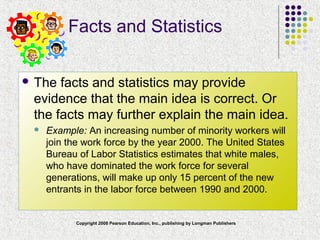 Copyright 2008 Pearson Education, Inc., publishing by Longman Publishers
Facts and Statistics
 The facts and statistics may provide
evidence that the main idea is correct. Or
the facts may further explain the main idea.
 Example: An increasing number of minority workers will
join the work force by the year 2000. The United States
Bureau of Labor Statistics estimates that white males,
who have dominated the work force for several
generations, will make up only 15 percent of the new
entrants in the labor force between 1990 and 2000.
 