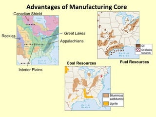 Canadian Shield Appalachians Rockies Interior Plains Advantages of Manufacturing Core Fuel Resources Coal Resources Great Lakes 