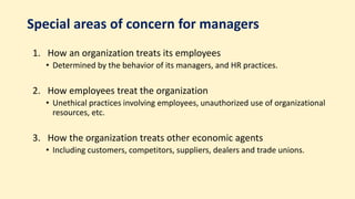 Special areas of concern for managers
1. How an organization treats its employees
• Determined by the behavior of its managers, and HR practices.
2. How employees treat the organization
• Unethical practices involving employees, unauthorized use of organizational
resources, etc.
3. How the organization treats other economic agents
• Including customers, competitors, suppliers, dealers and trade unions.
 