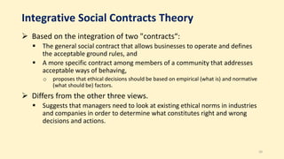 Integrative Social Contracts Theory
 Based on the integration of two "contracts“:
 The general social contract that allows businesses to operate and defines
the acceptable ground rules, and
 A more specific contract among members of a community that addresses
acceptable ways of behaving,
o proposes that ethical decisions should be based on empirical (what is) and normative
(what should be) factors.
 Differs from the other three views.
 Suggests that managers need to look at existing ethical norms in industries
and companies in order to determine what constitutes right and wrong
decisions and actions.
20
 