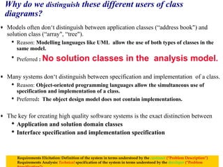 ♦

♦

♦

Why do we distinguish these different users of class
diagrams?
Models often don‘t distinguish between application classes (“address book") and
solution class (“array", “tree").
 Reason: Modelling languages like UML allow the use of both types of classes in the
same model.
 Preferred : No

solution classes in the analysis model.

Many systems don‘t distinguish between specification and implementation of a class.
 Reason: Object-oriented programming languages allow the simultaneous use of
specification and implementation of a class.
 Preferred: The object design model does not contain implementations.

The key for creating high quality software systems is the exact distinction between
 Application and solution domain classes
 Interface specification and implementation specification

Requirements Elicitation: Definition of the system in terms understood by the customer (“Problem Description”)
Bernd Bruegge & Allen H. Dutoit
Object-Oriented Software Engineering: terms understood by
26
Requirements Analysis: Technical specification of the system inUsing UML, Patterns, and Java the developer (“Problem

 