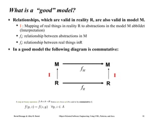 What is a “good” model?
♦

Relationships, which are valid in reality R, are also valid in model M.
 I : Mapping of real things in reality R to abstractions in the model M abbildet
(Interpretation)
 fM: relationship between abstractions in M
 fR: relationship between real things inR

♦

In a good model the following diagram is commutative:

M

fM

M

I

I
R

A map or binary operation

Bernd Bruegge & Allen H. Dutoit

fR

R

from a set A to a set B is said to be commutative if,

Object-Oriented Software Engineering: Using UML, Patterns, and Java

32

 