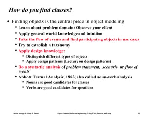 How do you find classes?
♦

Finding objects is the central piece in object modeling
 Learn about problem domain: Observe your client
 Apply general world knowledge and intuition
 Take the flow of events and find participating objects in use cases
 Try to establish a taxonomy
 Apply design knowledge:



Distinguish different types of objects
Apply design patterns (Lecture on design patterns)

 Do a syntactic analysis of problem statement, scenario or flow of
events
 Abbott Textual Analysis, 1983, also called noun-verb analysis



Nouns are good candidates for classes
Verbs are good candidates for opeations

Bernd Bruegge & Allen H. Dutoit

Object-Oriented Software Engineering: Using UML, Patterns, and Java

54

 
