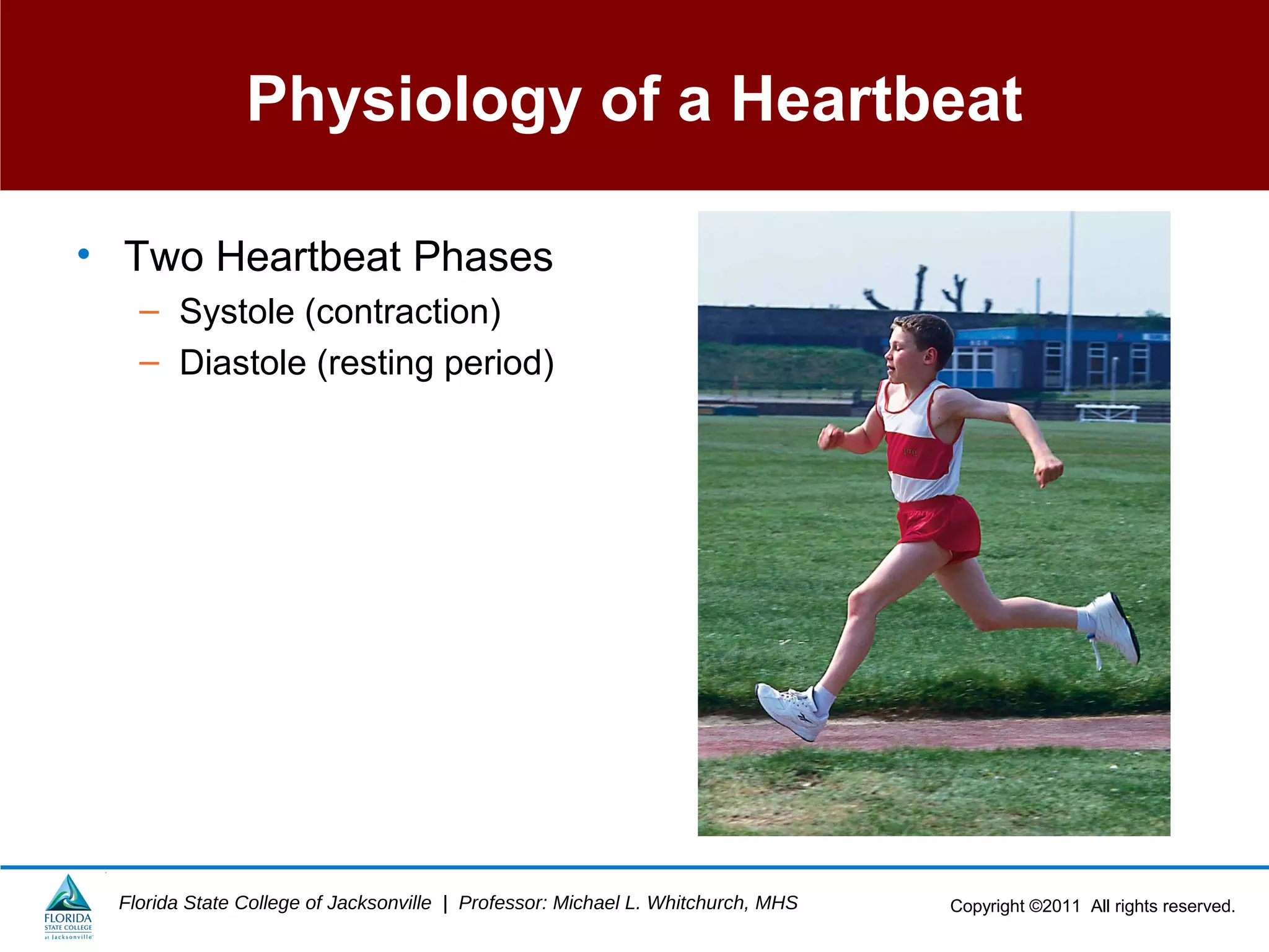 Copyright ©2011 All rights reserved.Florida State College of Jacksonville | Professor: Michael L. Whitchurch, MHS
Physiology of a Heartbeat
• Two Heartbeat Phases
– Systole (contraction)
– Diastole (resting period)
 