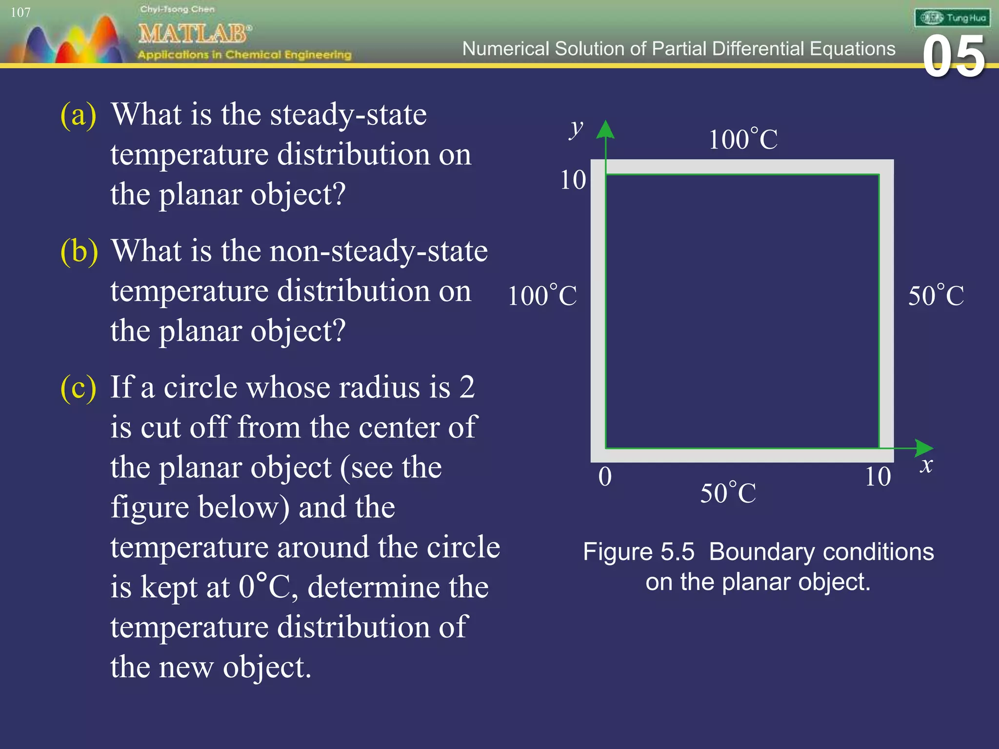 05Numerical Solution of Partial Differential Equations
(a) What is the steady-state
temperature distribution on
the planar object?
(b) What is the non-steady-state
temperature distribution on
the planar object?
(c) If a circle whose radius is 2
is cut off from the center of
the planar object (see the
figure below) and the
temperature around the circle
is kept at 0°C, determine the
temperature distribution of
the new object.
107
x
y
100◦C
50◦C
50◦C
100◦C
0 10
10
Figure 5.5 Boundary conditions
on the planar object.
 