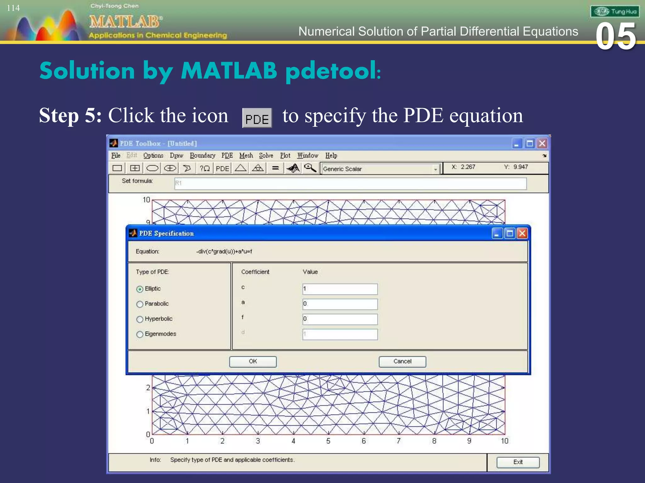 05Numerical Solution of Partial Differential Equations
Solution by MATLAB pdetool:
Step 5: Click the icon to specify the PDE equation
114
 