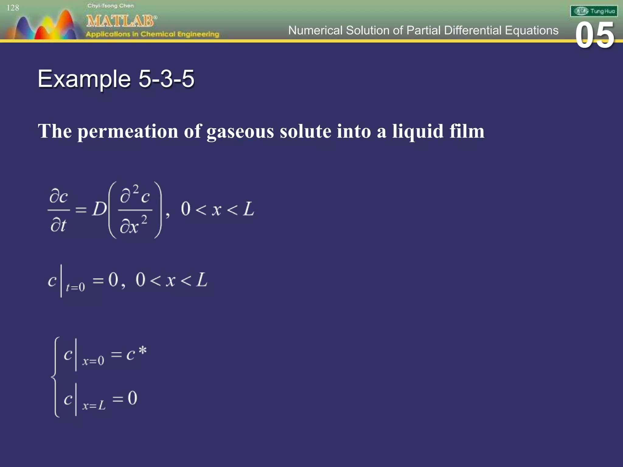 05Numerical Solution of Partial Differential Equations
Example 5-3-5
The permeation of gaseous solute into a liquid film
128
 