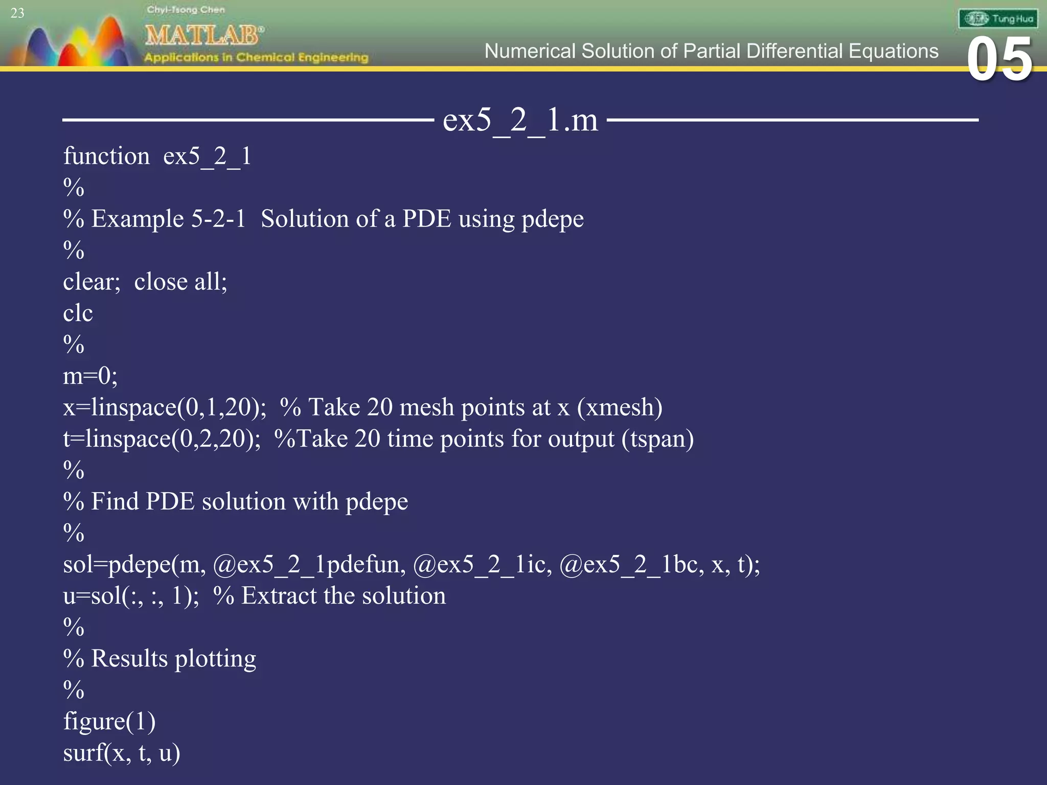 05Numerical Solution of Partial Differential Equations
─────────────── ex5_2_1.m ───────────────
function ex5_2_1
%
% Example 5-2-1 Solution of a PDE using pdepe
%
clear; close all;
clc
%
m=0;
x=linspace(0,1,20); % Take 20 mesh points at x (xmesh)
t=linspace(0,2,20); %Take 20 time points for output (tspan)
%
% Find PDE solution with pdepe
%
sol=pdepe(m, @ex5_2_1pdefun, @ex5_2_1ic, @ex5_2_1bc, x, t);
u=sol(:, :, 1); % Extract the solution
%
% Results plotting
%
figure(1)
surf(x, t, u)
23
 
