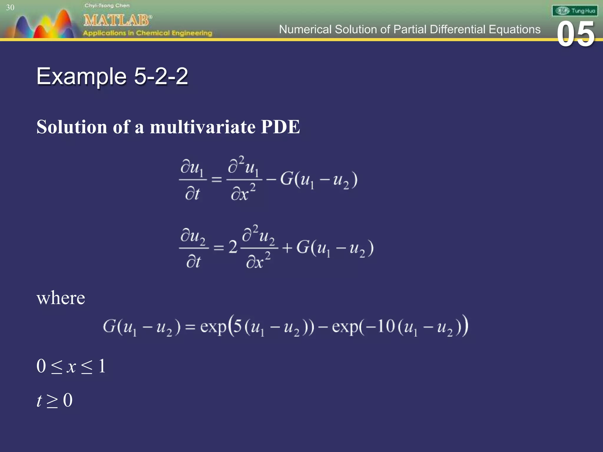 05Numerical Solution of Partial Differential Equations
Example 5-2-2
Solution of a multivariate PDE
where
0 ≤ x ≤ 1
t ≥ 0
30
 