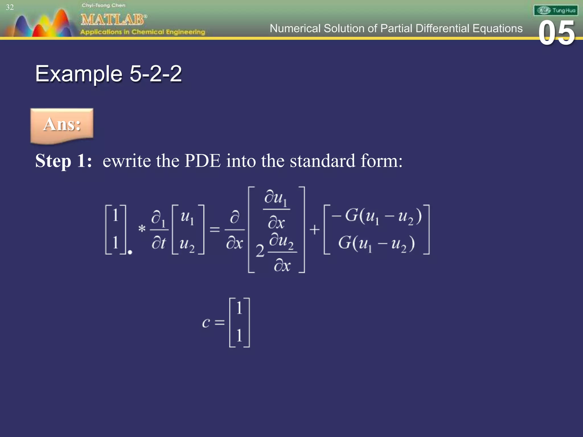 05Numerical Solution of Partial Differential Equations
Example 5-2-2
Step 1: ewrite the PDE into the standard form:
32
Ans:
 