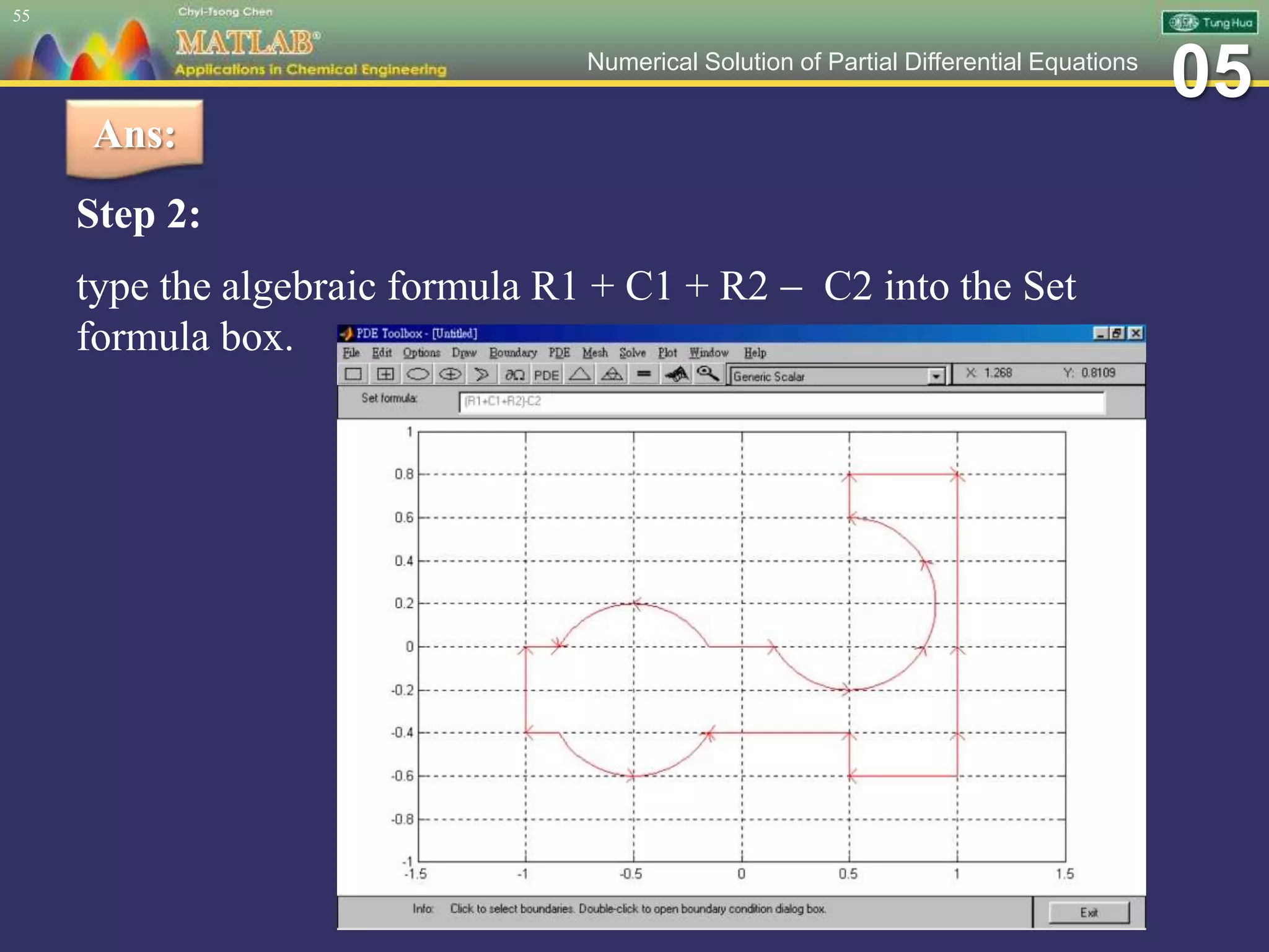 05Numerical Solution of Partial Differential Equations
Step 2:
type the algebraic formula R1 + C1 + R2  C2 into the Set
formula box.
55
Ans:
 