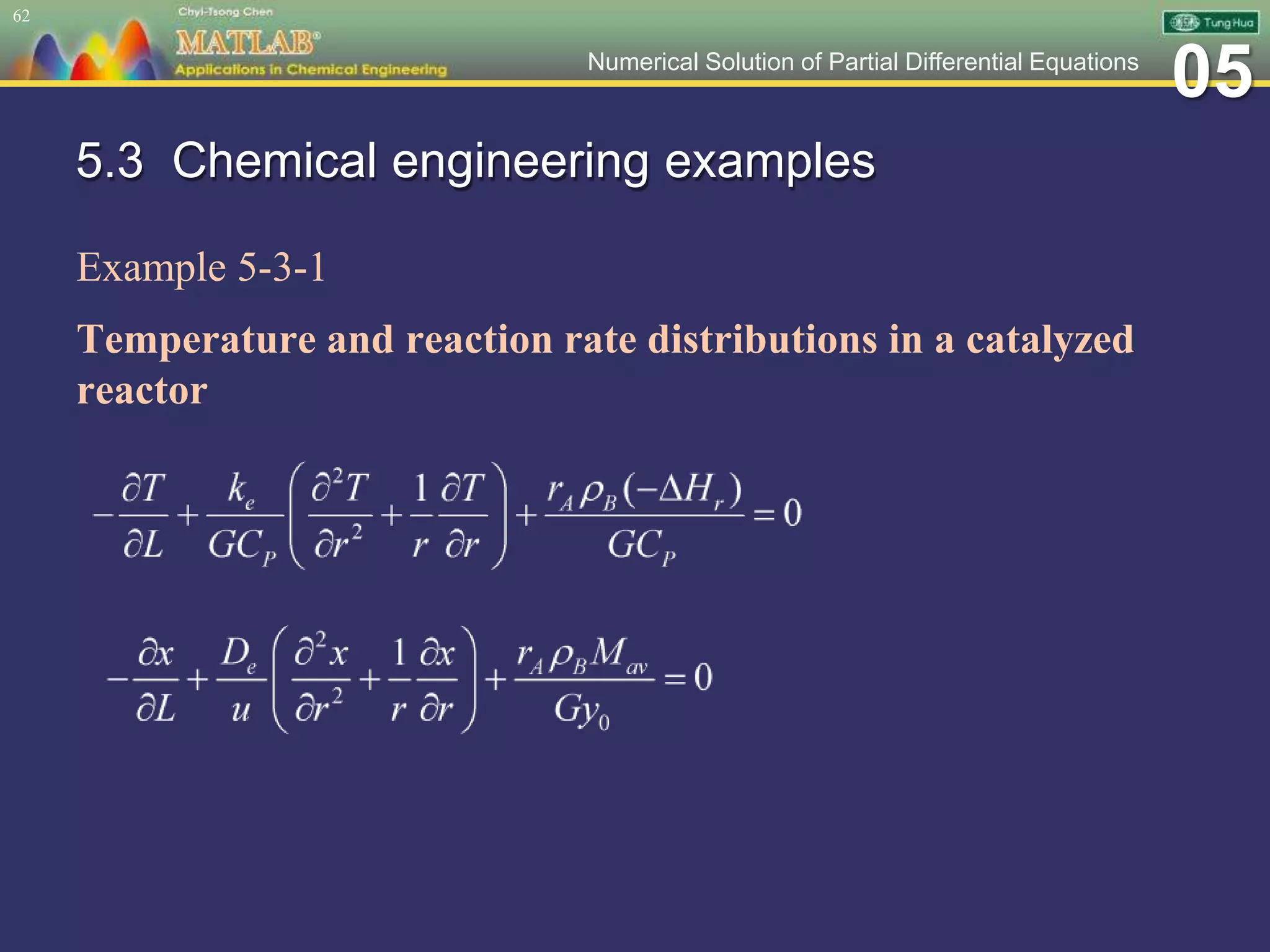 05Numerical Solution of Partial Differential Equations
5.3 Chemical engineering examples
Example 5-3-1
Temperature and reaction rate distributions in a catalyzed
reactor
62
 