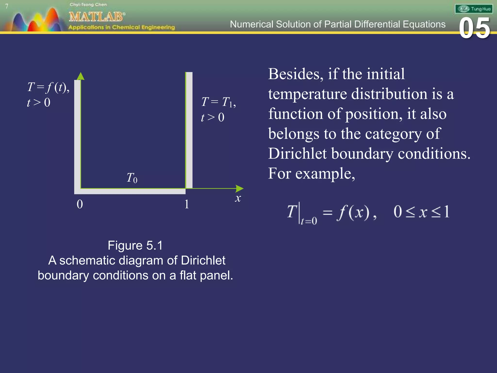 05Numerical Solution of Partial Differential Equations
Besides, if the initial
temperature distribution is a
function of position, it also
belongs to the category of
Dirichlet boundary conditions.
For example,
7
T0
T = f (t),
t > 0 T = T1,
t > 0
x
10
Figure 5.1
A schematic diagram of Dirichlet
boundary conditions on a flat panel.
 