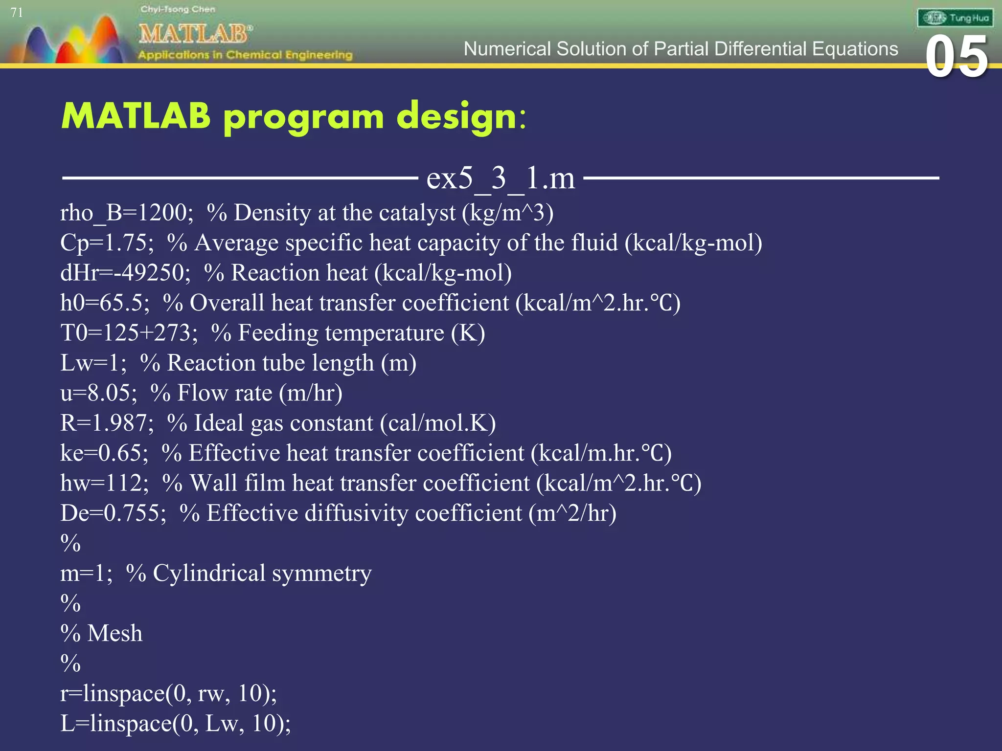 05Numerical Solution of Partial Differential Equations
MATLAB program design:
─────────────── ex5_3_1.m ───────────────
rho_B=1200; % Density at the catalyst (kg/m^3)
Cp=1.75; % Average specific heat capacity of the fluid (kcal/kg-mol)
dHr=-49250; % Reaction heat (kcal/kg-mol)
h0=65.5; % Overall heat transfer coefficient (kcal/m^2.hr.℃)
T0=125+273; % Feeding temperature (K)
Lw=1; % Reaction tube length (m)
u=8.05; % Flow rate (m/hr)
R=1.987; % Ideal gas constant (cal/mol.K)
ke=0.65; % Effective heat transfer coefficient (kcal/m.hr.℃)
hw=112; % Wall film heat transfer coefficient (kcal/m^2.hr.℃)
De=0.755; % Effective diffusivity coefficient (m^2/hr)
%
m=1; % Cylindrical symmetry
%
% Mesh
%
r=linspace(0, rw, 10);
L=linspace(0, Lw, 10);
71
 