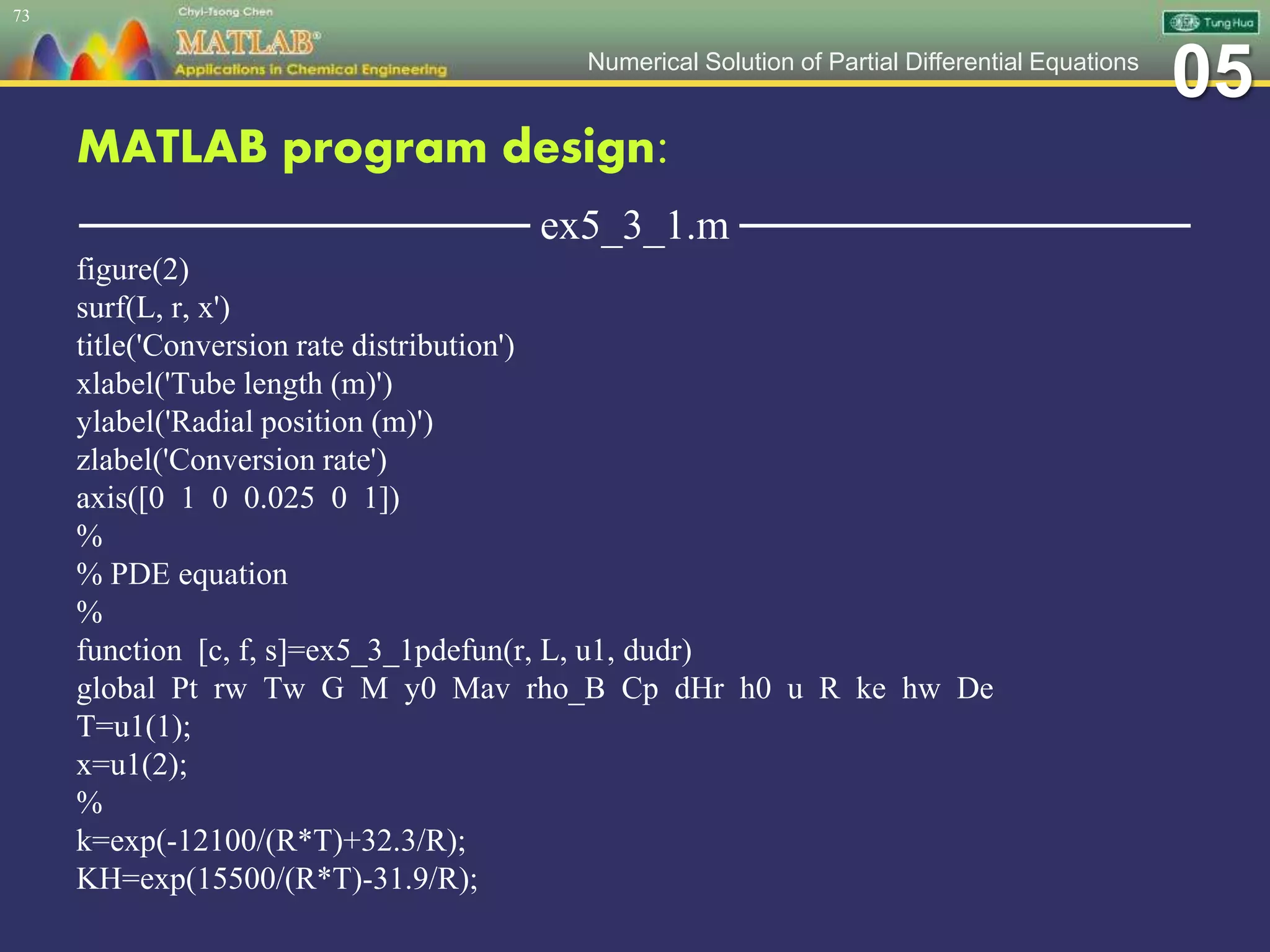 05Numerical Solution of Partial Differential Equations
MATLAB program design:
─────────────── ex5_3_1.m ───────────────
figure(2)
surf(L, r, x')
title('Conversion rate distribution')
xlabel('Tube length (m)')
ylabel('Radial position (m)')
zlabel('Conversion rate')
axis([0 1 0 0.025 0 1])
%
% PDE equation
%
function [c, f, s]=ex5_3_1pdefun(r, L, u1, dudr)
global Pt rw Tw G M y0 Mav rho_B Cp dHr h0 u R ke hw De
T=u1(1);
x=u1(2);
%
k=exp(-12100/(R*T)+32.3/R);
KH=exp(15500/(R*T)-31.9/R);
73
 