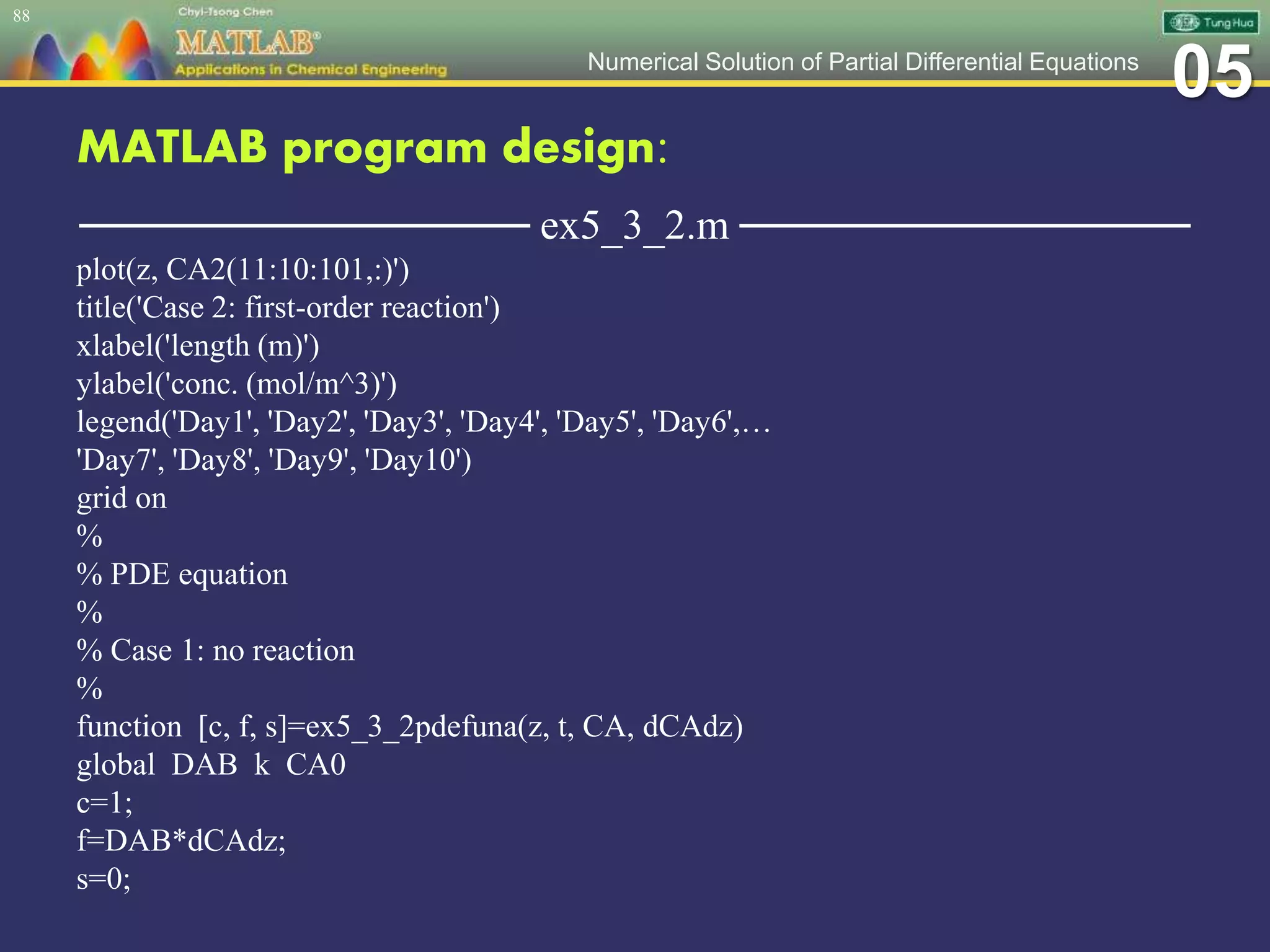 05Numerical Solution of Partial Differential Equations
MATLAB program design:
─────────────── ex5_3_2.m ───────────────
plot(z, CA2(11:10:101,:)')
title('Case 2: first-order reaction')
xlabel('length (m)')
ylabel('conc. (mol/m^3)')
legend('Day1', 'Day2', 'Day3', 'Day4', 'Day5', 'Day6',…
'Day7', 'Day8', 'Day9', 'Day10')
grid on
%
% PDE equation
%
% Case 1: no reaction
%
function [c, f, s]=ex5_3_2pdefuna(z, t, CA, dCAdz)
global DAB k CA0
c=1;
f=DAB*dCAdz;
s=0;
88
 