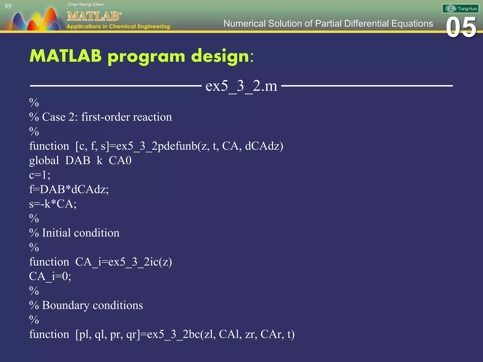 05Numerical Solution of Partial Differential Equations
MATLAB program design:
─────────────── ex5_3_2.m ───────────────
%
% Case 2: first-order reaction
%
function [c, f, s]=ex5_3_2pdefunb(z, t, CA, dCAdz)
global DAB k CA0
c=1;
f=DAB*dCAdz;
s=-k*CA;
%
% Initial condition
%
function CA_i=ex5_3_2ic(z)
CA_i=0;
%
% Boundary conditions
%
function [pl, ql, pr, qr]=ex5_3_2bc(zl, CAl, zr, CAr, t)
89
 