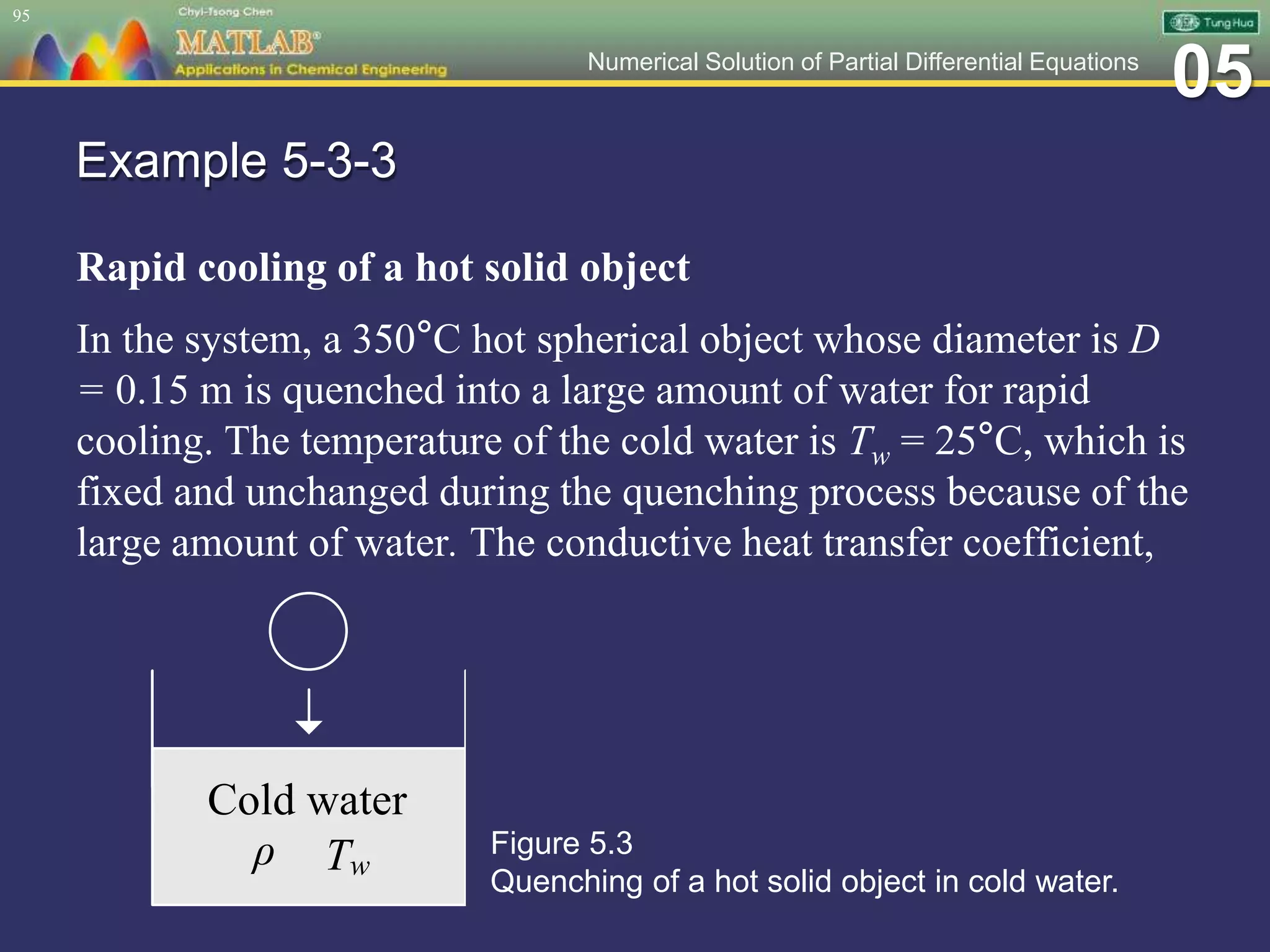 05Numerical Solution of Partial Differential Equations
Example 5-3-3
Rapid cooling of a hot solid object
In the system, a 350°C hot spherical object whose diameter is D
= 0.15 m is quenched into a large amount of water for rapid
cooling. The temperature of the cold water is Tw = 25°C, which is
fixed and unchanged during the quenching process because of the
large amount of water. The conductive heat transfer coefficient,
95
Twρ
Cold water
Figure 5.3
Quenching of a hot solid object in cold water.
 