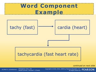 Copyright © 2016, 2012, 2009 by Pearson Education, Inc.
All Rights Reserved
Emergency Care, 13e
Daniel Limmer | Michael F. O'Keefe
Word Component
Example
tachy (fast) cardia (heart)
tachycardia (fast heart rate)
continued on next slide
 