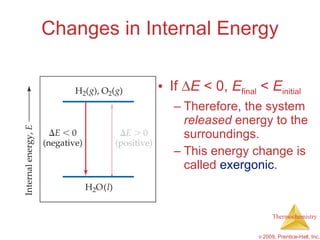 Changes in Internal Energy If   E  < 0,  E final  <  E initial   Therefore, the system  released  energy to the surroundings. This energy change is called  exergonic . 