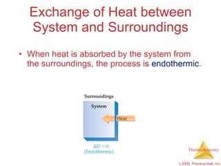 Exchange of Heat between System and Surroundings When heat is absorbed by the system from the surroundings, the process is  endothermic . 