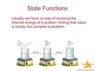 State Functions Usually we have no way of knowing the internal energy of a system; finding that value is simply too complex a problem. 