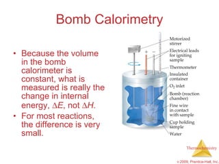 Bomb Calorimetry Because the volume in the bomb calorimeter is constant, what is measured is really the change in internal energy,   E , not   H . For most reactions, the difference is very small. 