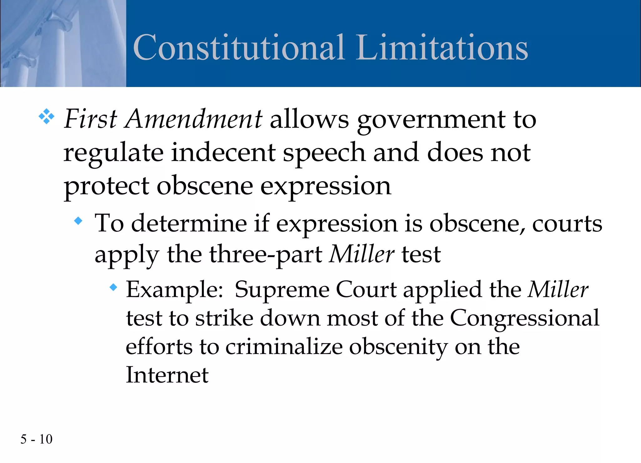 Constitutional Limitations
        First Amendment allows government to
         regulate indecent speech and does not
         protect obscene expression
            To determine if expression is obscene, courts
             apply the three-part Miller test
                 Example: Supreme Court applied the Miller
                  test to strike down most of the Congressional
                  efforts to criminalize obscenity on the
                  Internet

5 - 10
 