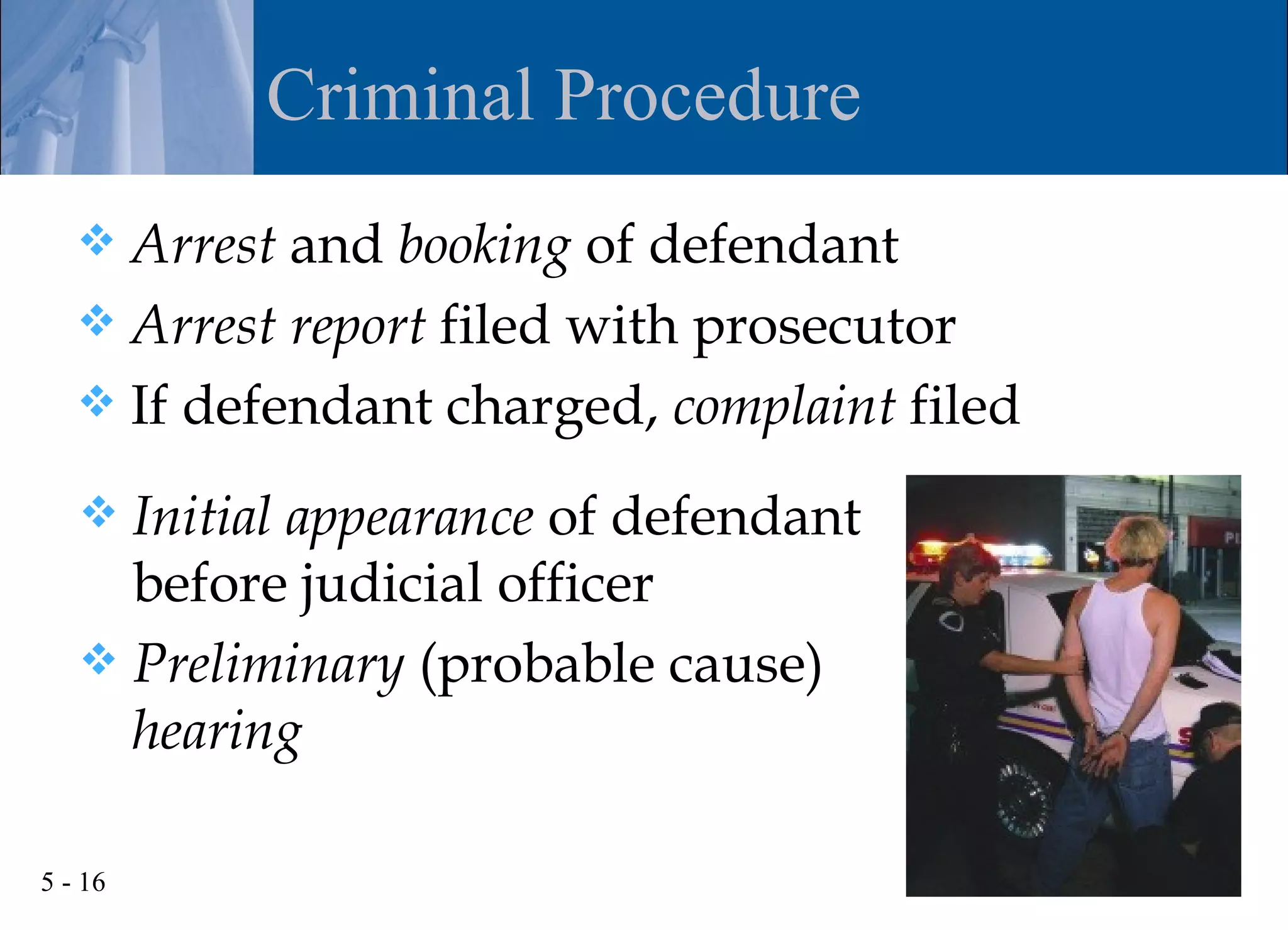 Criminal Procedure
    Arrest and booking of defendant
    Arrest report filed with prosecutor
    If defendant charged, complaint filed

    Initial appearance of defendant
     before judicial officer
    Preliminary (probable cause)
     hearing

5 - 16
 