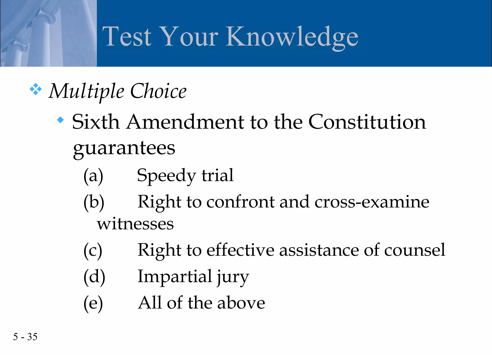 Test Your Knowledge
        Multiple Choice
          Sixth Amendment to the Constitution
           guarantees
            (a)   Speedy trial
            (b)   Right to confront and cross-examine
              witnesses
            (c)   Right to effective assistance of counsel
            (d)   Impartial jury
            (e)   All of the above
5 - 35
 