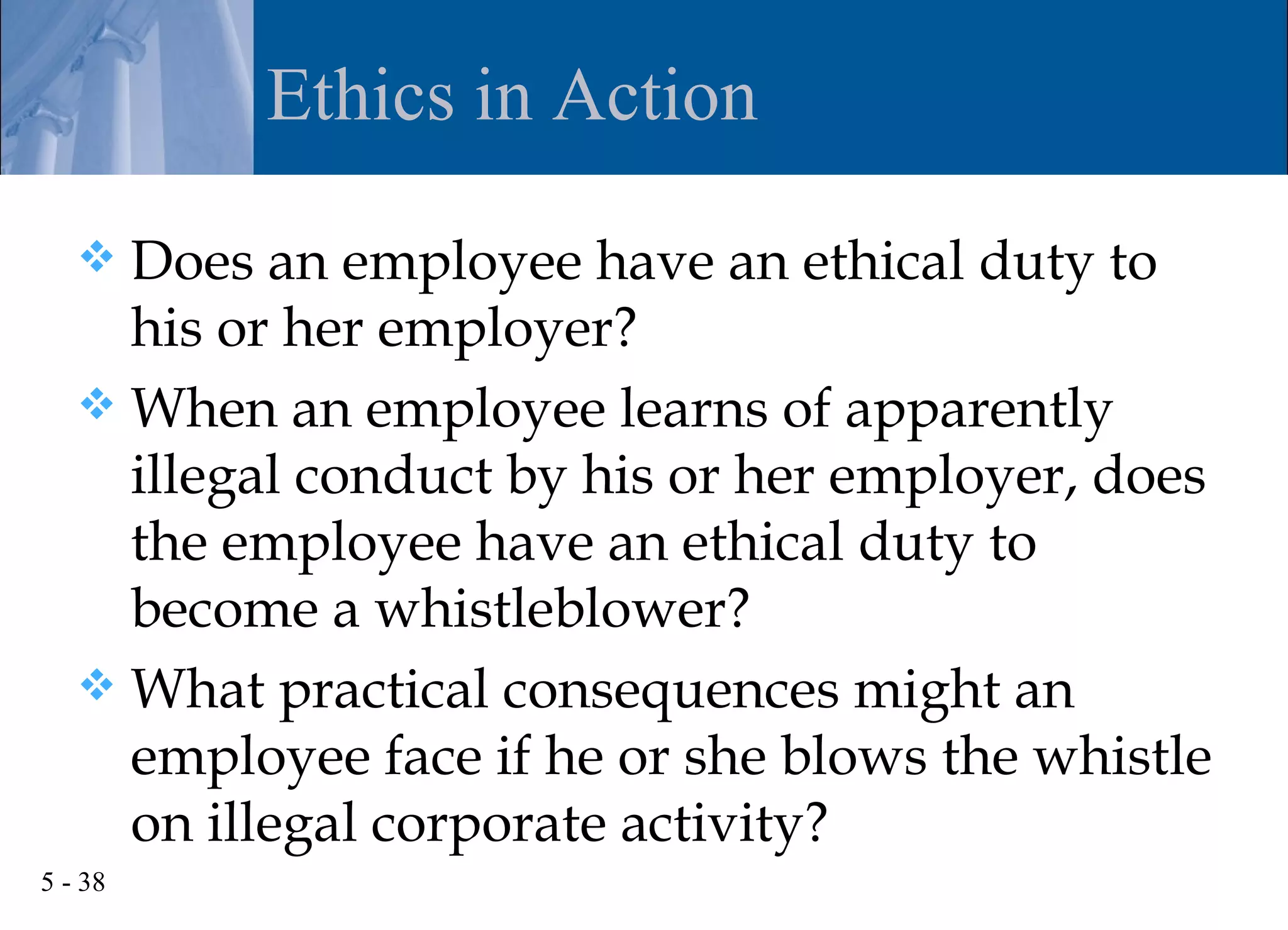 Ethics in Action

    Does an employee have an ethical duty to
     his or her employer?
    When an employee learns of apparently
     illegal conduct by his or her employer, does
     the employee have an ethical duty to
     become a whistleblower?
    What practical consequences might an
     employee face if he or she blows the whistle
     on illegal corporate activity?
5 - 38
 