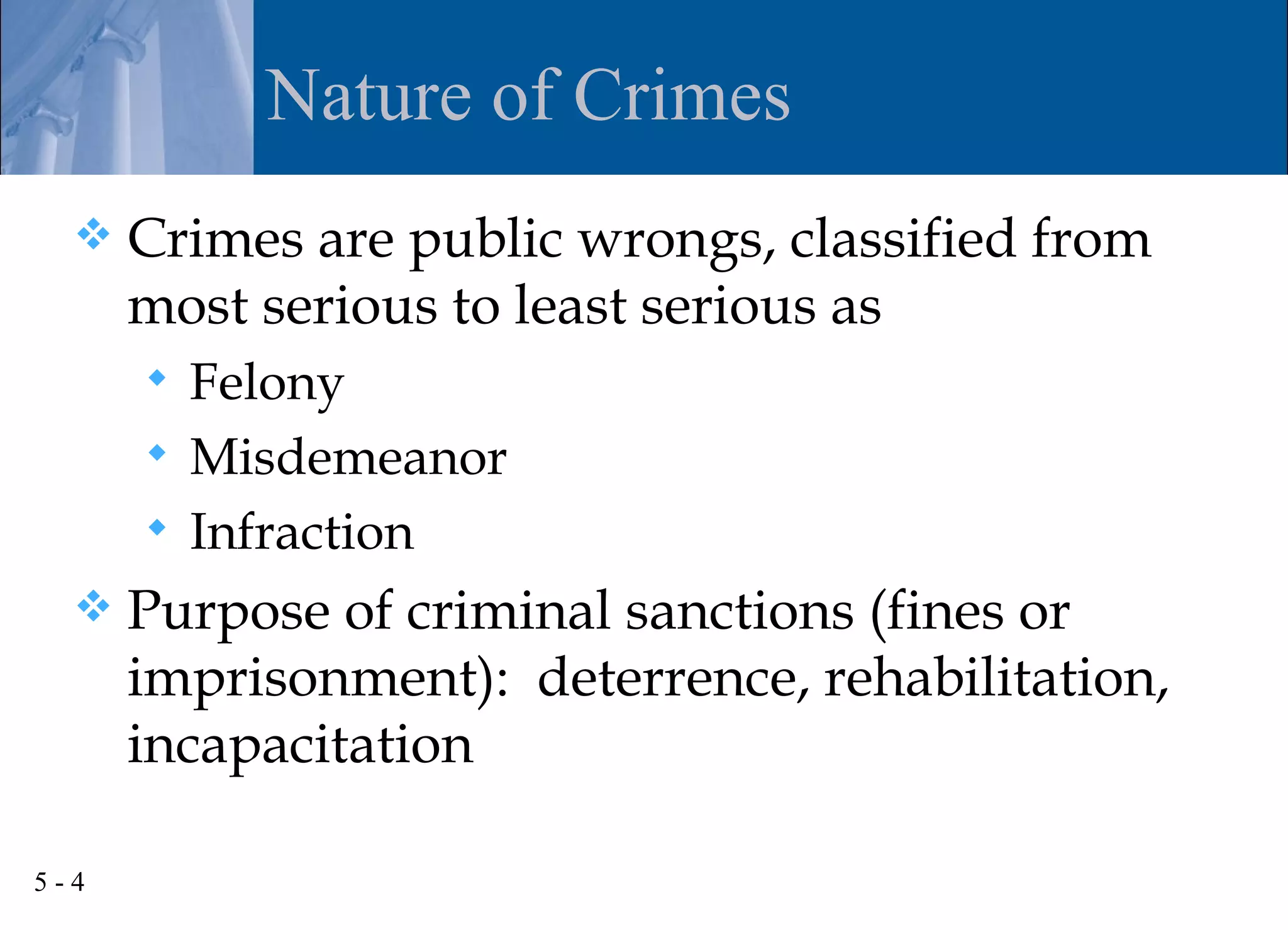 Nature of Crimes
     Crimes are public wrongs, classified from
      most serious to least serious as
       Felony
       Misdemeanor
       Infraction
     Purpose of criminal sanctions (fines or
      imprisonment): deterrence, rehabilitation,
      incapacitation

5-4
 