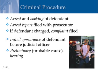 Criminal Procedure
    Arrest and booking of defendant
    Arrest report filed with prosecutor
    If defendant charged, complaint filed

    Initial appearance of defendant
     before judicial officer
    Preliminary (probable cause)
     hearing

5 - 16
 